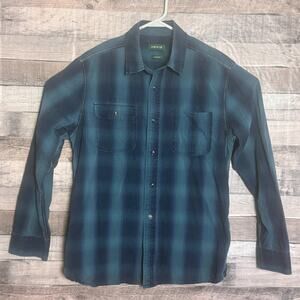 Orvis Mens Washed Indigo Western Shirt Medium Blue Plaid Button Up Classic